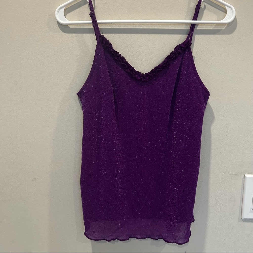 Purple Ruffle Trim Glitter Lined Women's Tank Top. Size XS